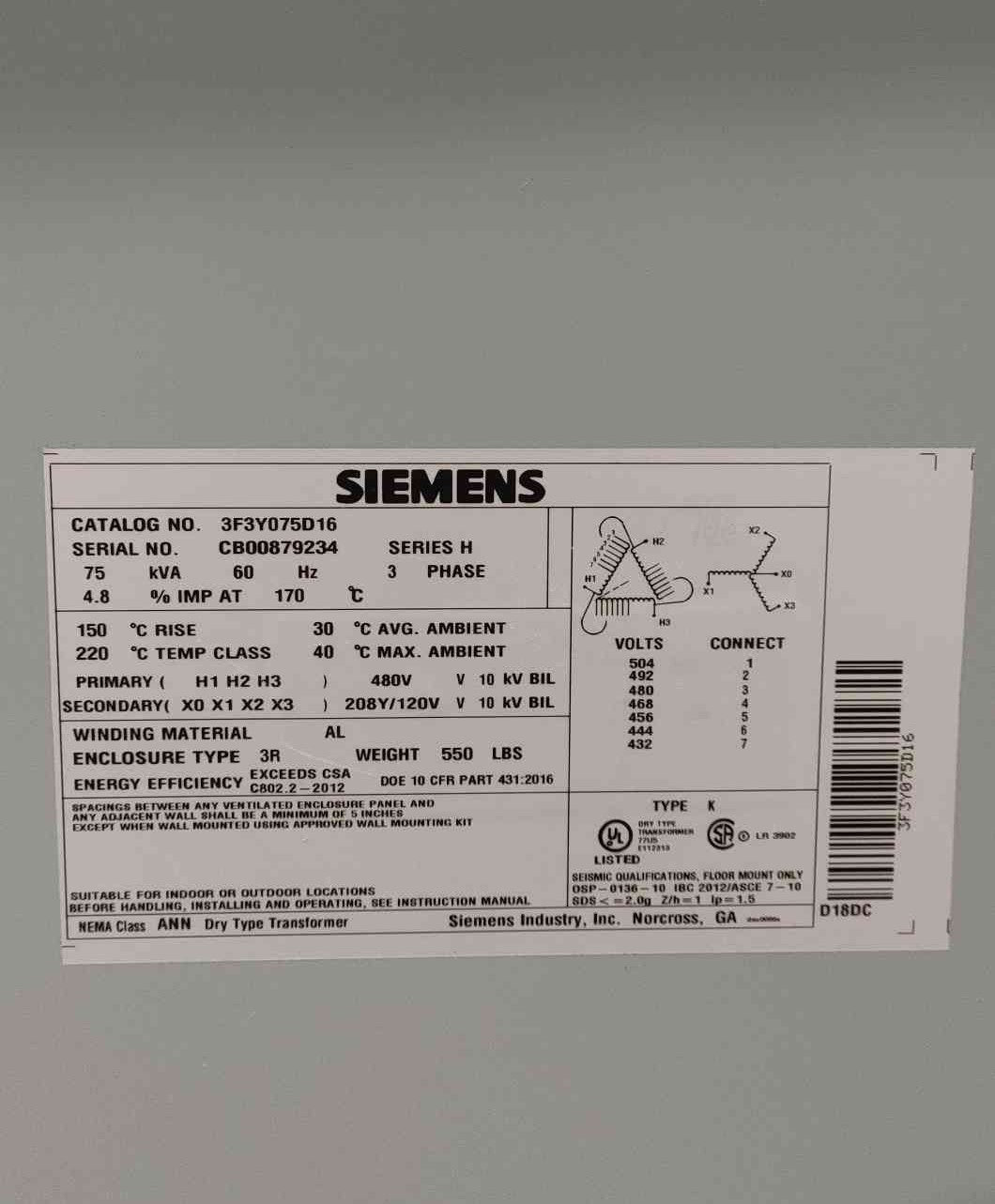 75 KVA 480 Primary, 208Y/120 Secondary, Siemens 3F3Y075D16, Dry Type, NEMA 3R, 3PH - Image 3