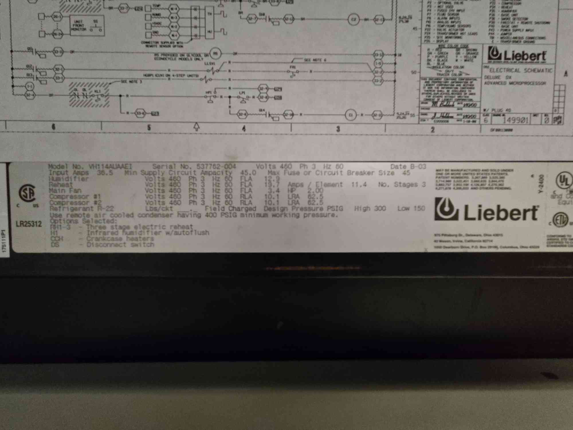 8 Ton Liebert #VH114A, Upflow CRAC Unit, 3 Phase, 460 V, AS IS (2 available) - Image 2