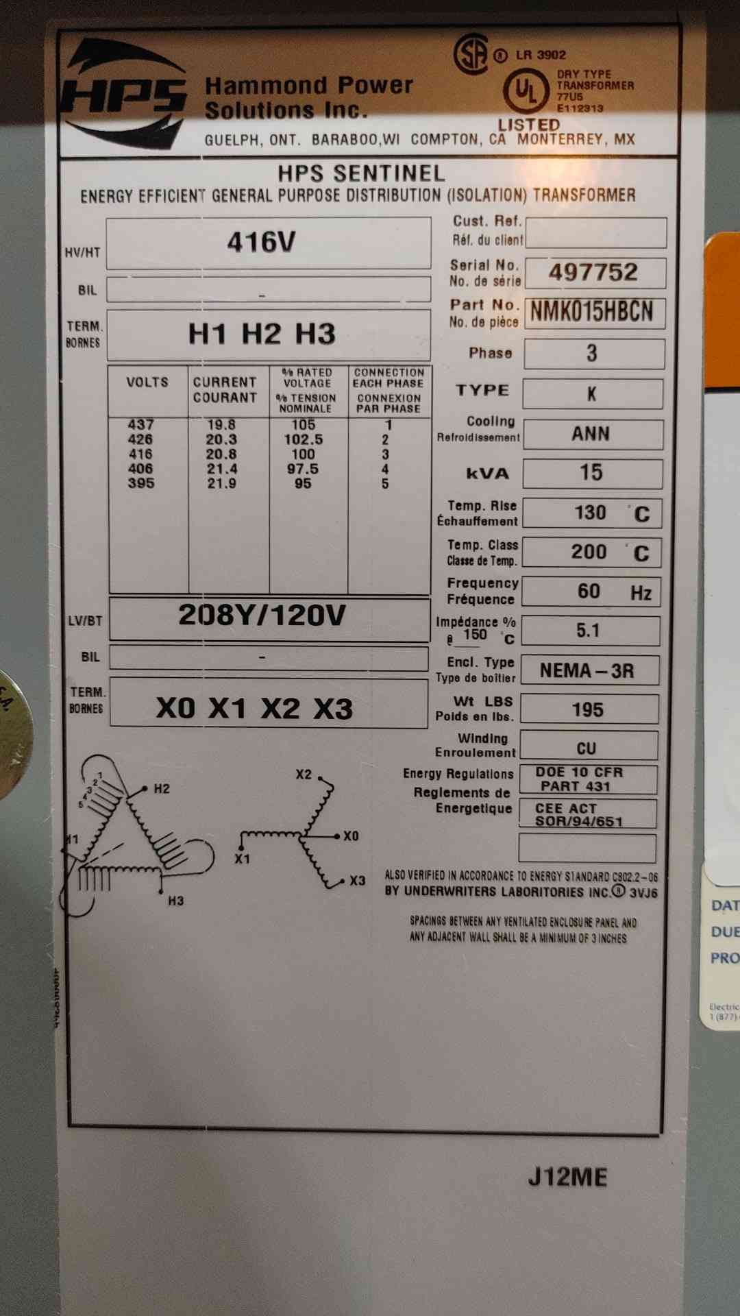 15 KVA 416 Primary, 208Y/120 Secondary, Hammond HPS NMK015HBCN, Copper, NEMA 3R, 3PH (2 available) - Image 2