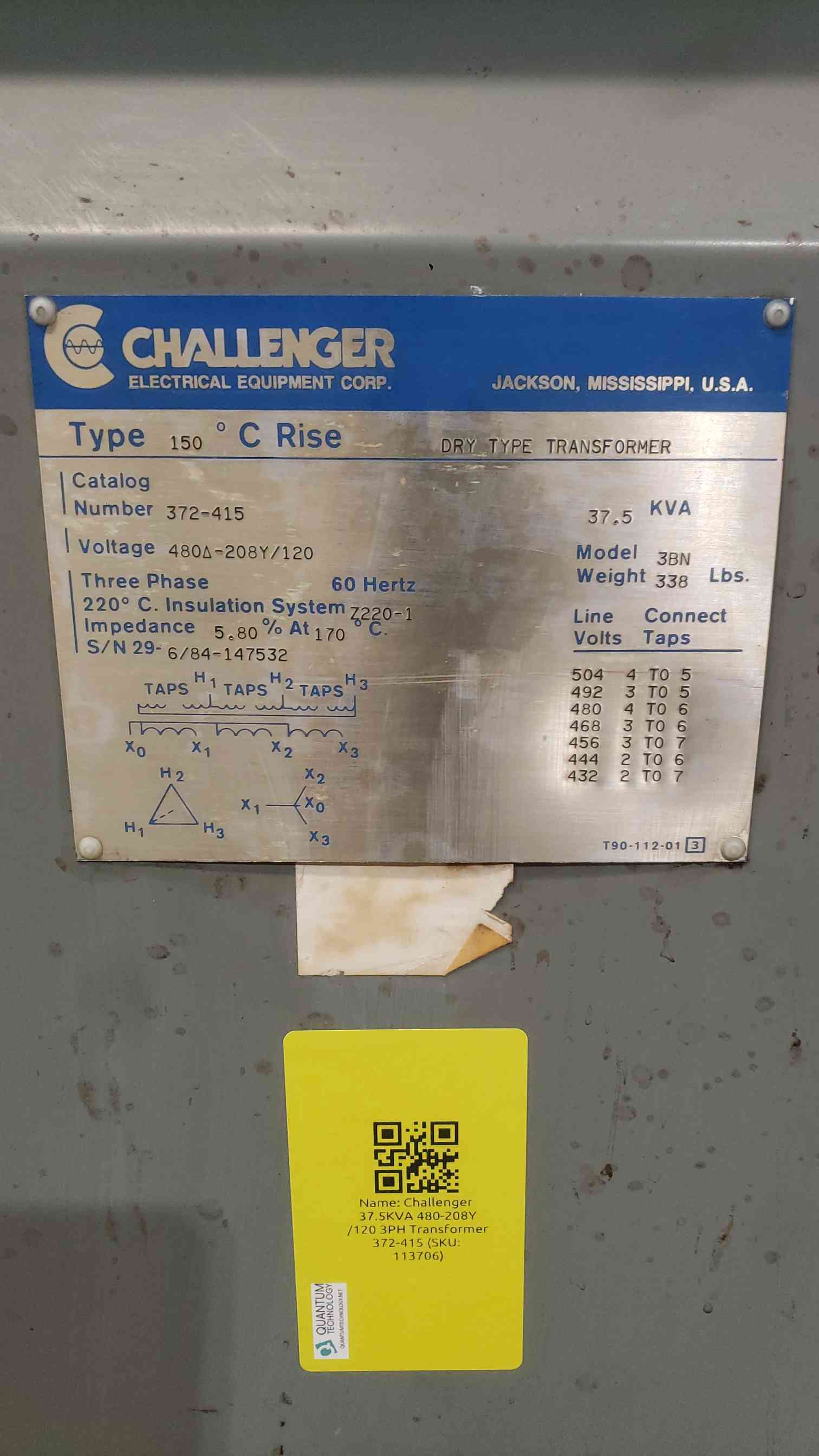 37.5 KVA 480 Primary, 208Y/120 Secondary, Challenger 372-415-3BN, Dry Type, 3PH - Image 6