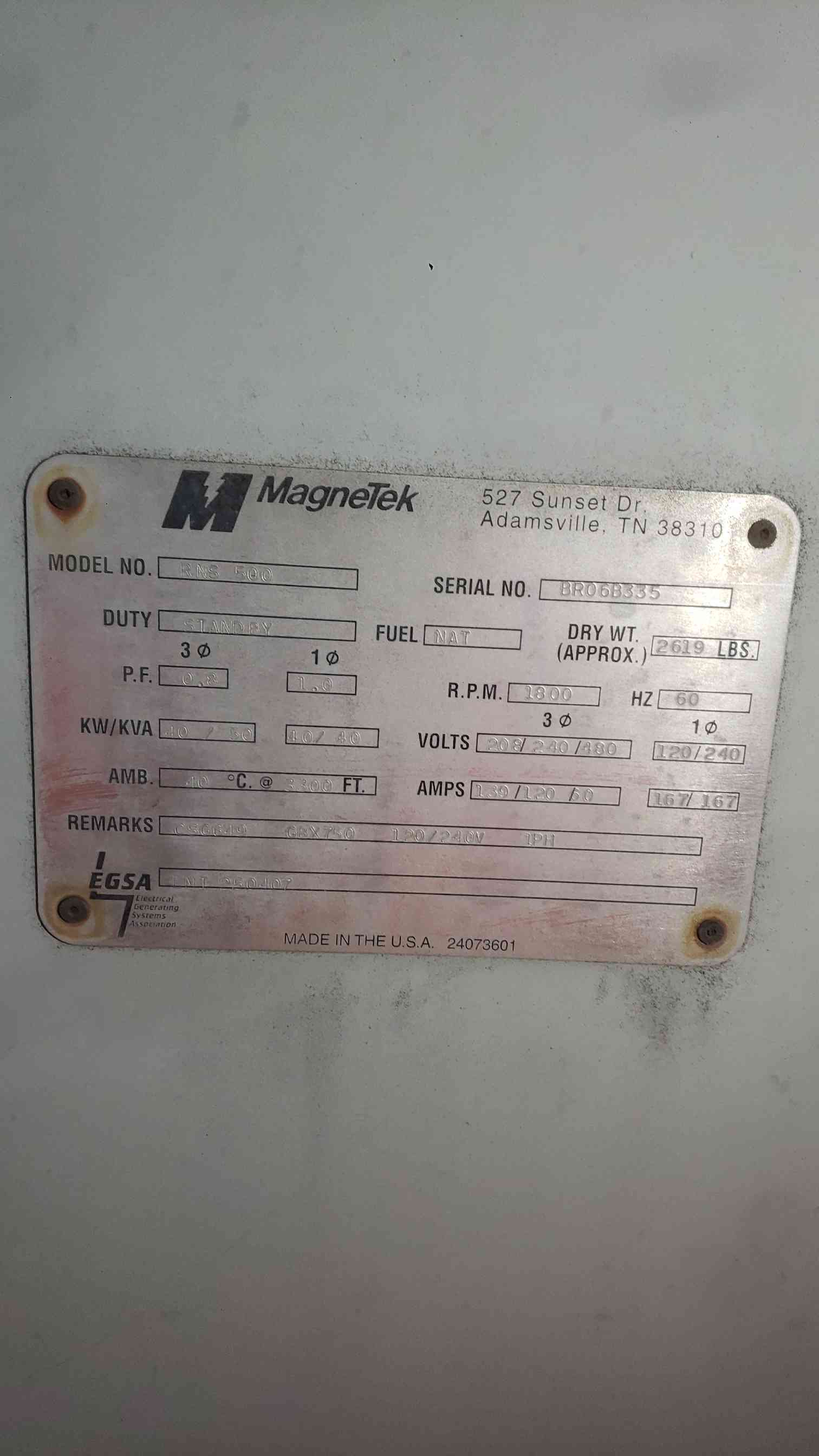 40 KW MagneTek #RNS-500, NG/LP generator set, 120/240 Volts, 1 phase, 167 Amps, 691 hours, AS IS - Image 7