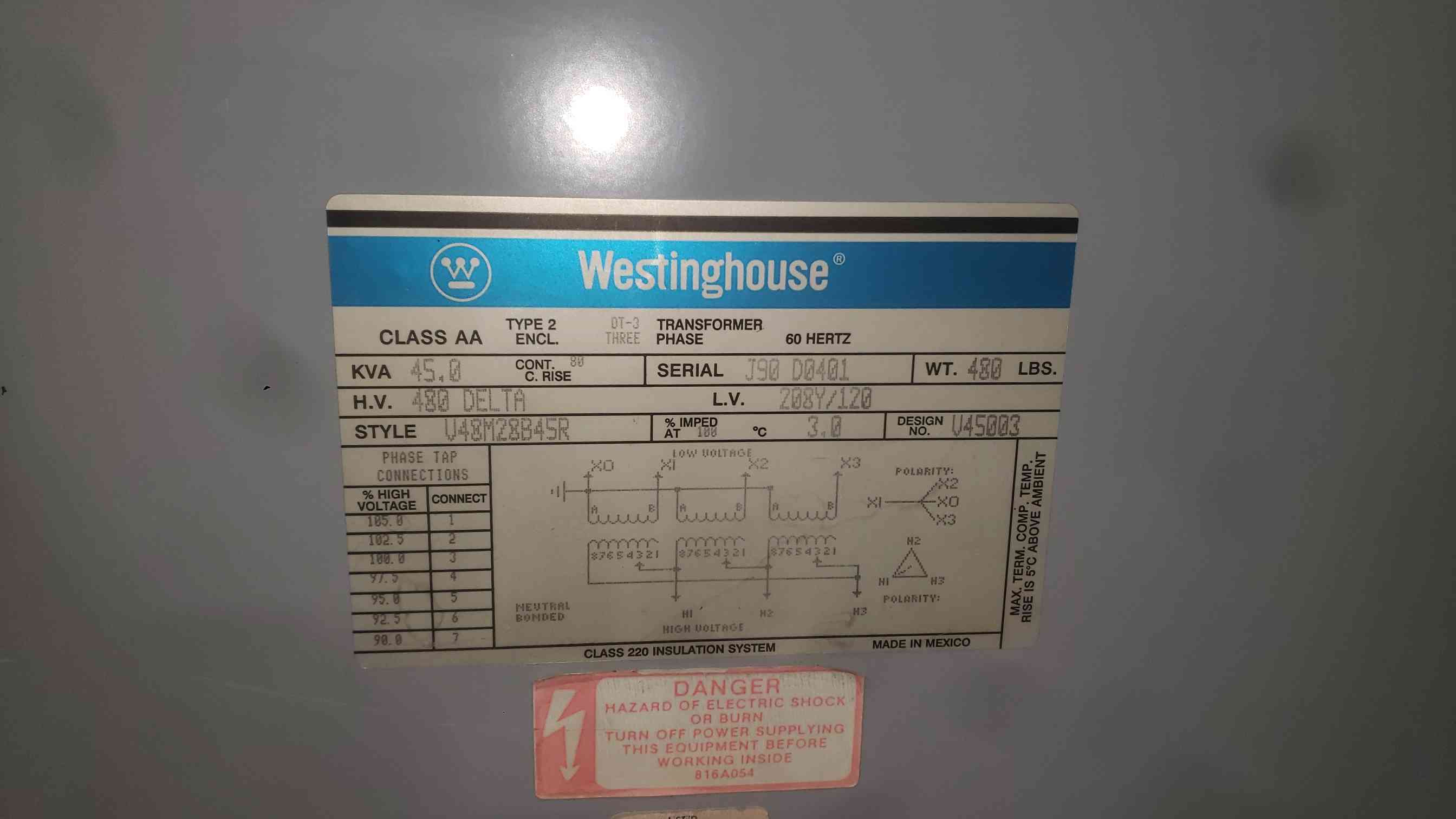 45 KVA 480 Delta Primary, 208Y/120 Secondary, Westinghouse V48M28B45R, 3PH - Image 2