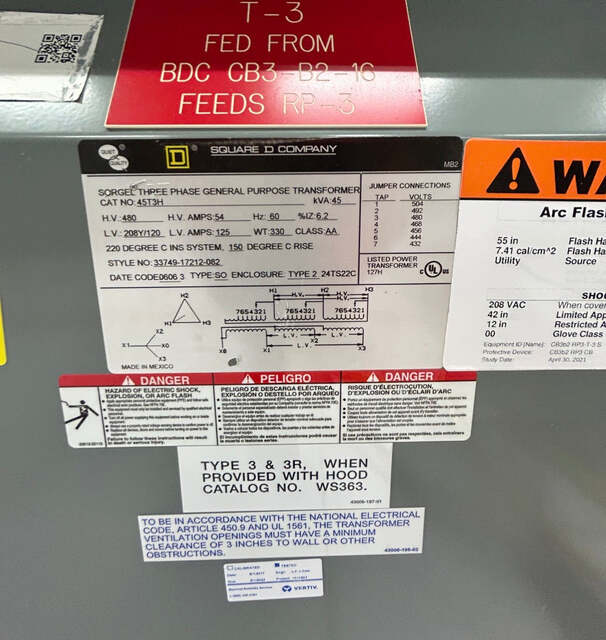 45 KVA 480 Primary, 208Y/120 Secondary, Square D 45T3H Sorgel, Dry Type, 3PH - Image 7