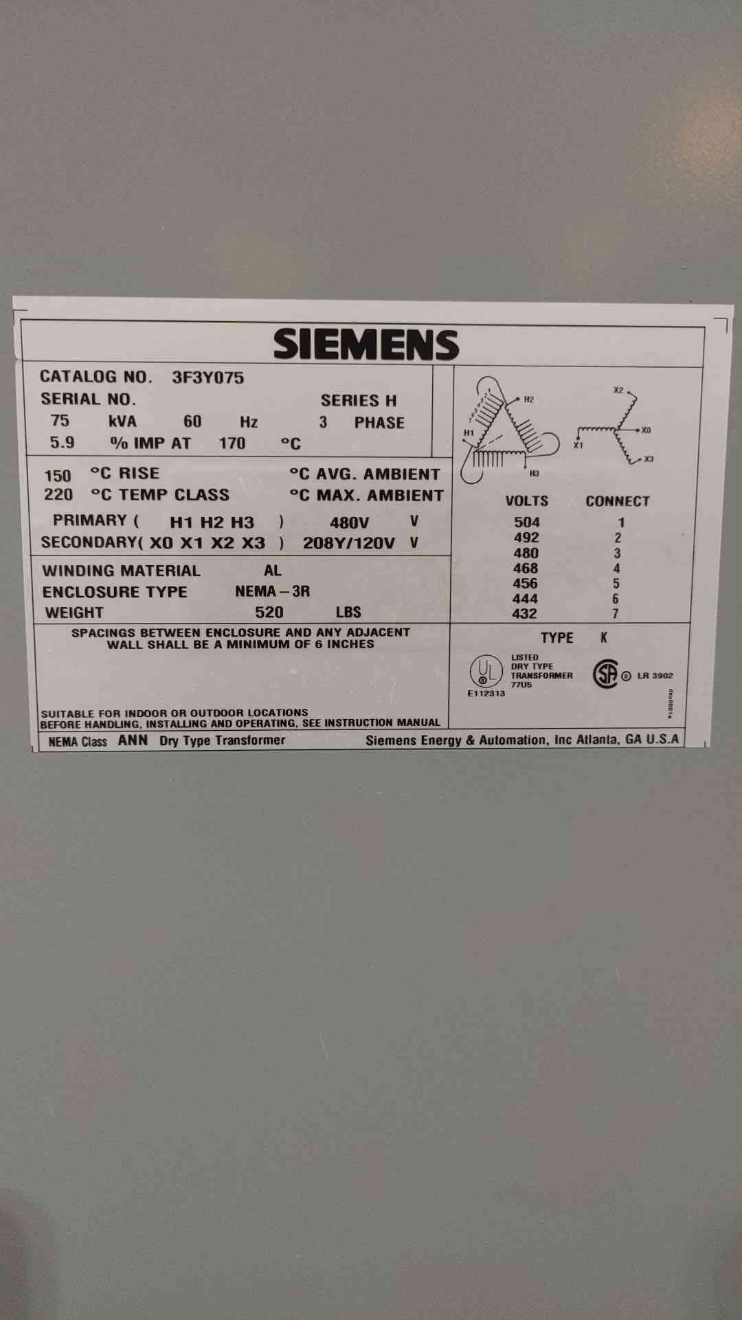 75 KVA 480 Primary, 208Y/120 Secondary, Siemens 3F3Y075, NEMA 3R, Dry Type, 3PH (2 available) - Image 2