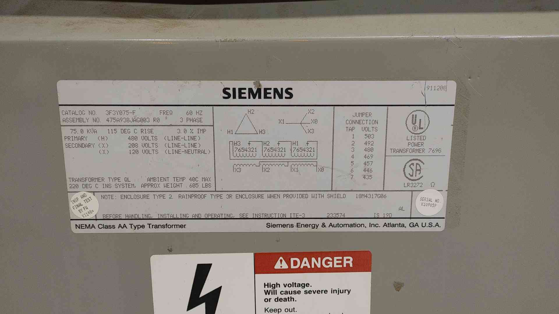 75 KVA 480 Primary, 208Y/120 Secondary, Siemens 3F3Y075-F, 3PH - Image 2