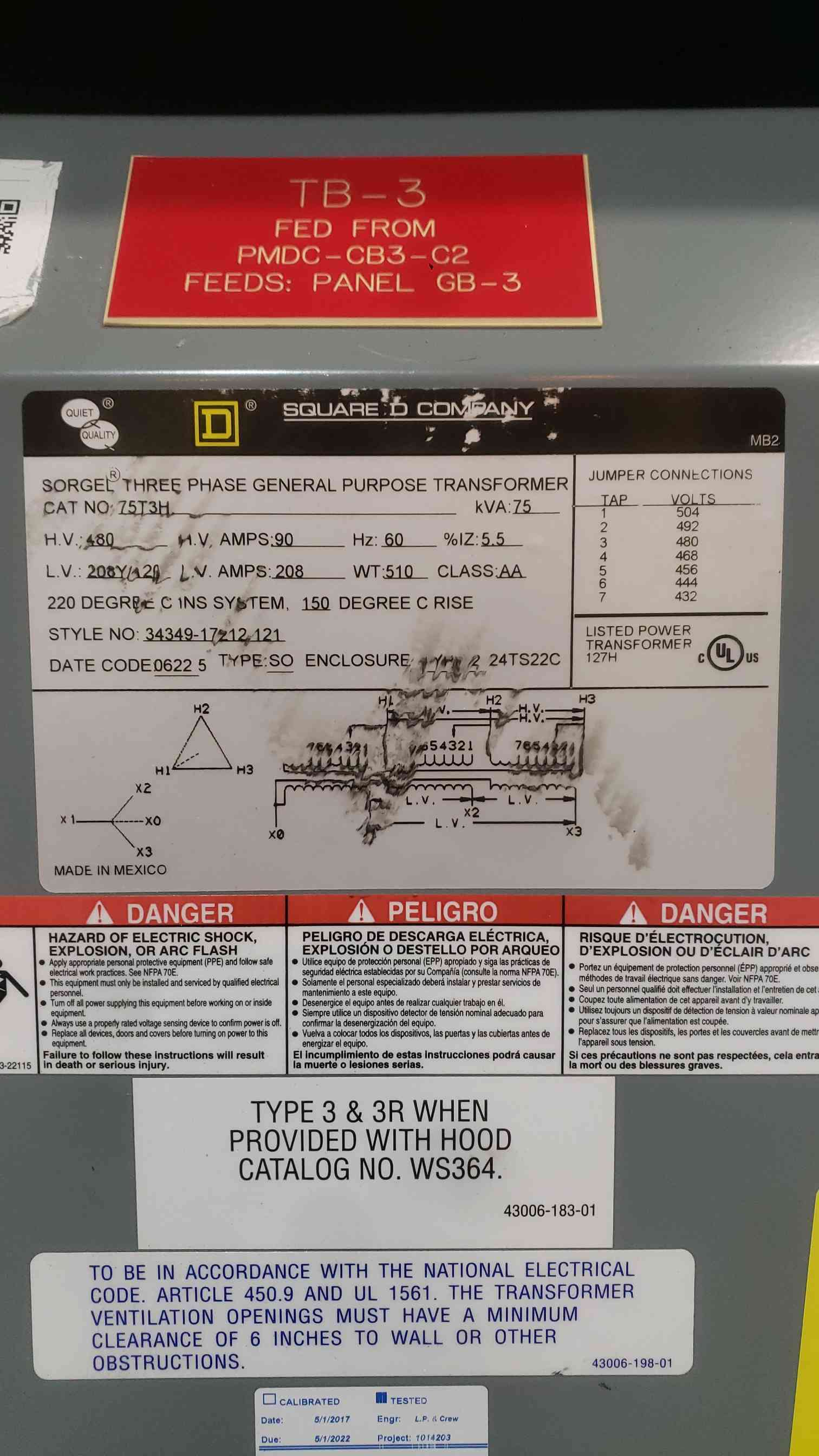 75 KVA 480 Primary, 208Y/120 Secondary, Square D 75T3H Sorgel, Isolation, 3PH - Image 2