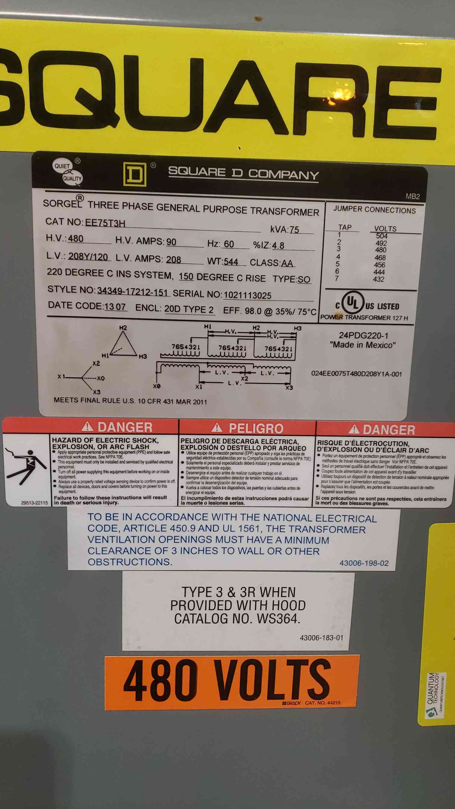 75 KVA 480 Primary, 208Y/120 Secondary, Square D EE75T3H Sorgel, Dry Type, 3PH - Image 6