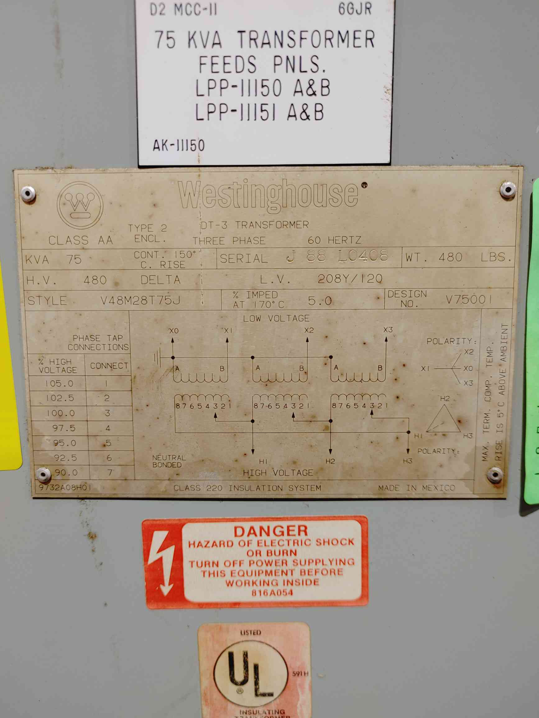 75 KVA 480 Primary, 208Y/120 Secondary, Westinghouse V48M28T75J, DT-3, 3PH - Image 3