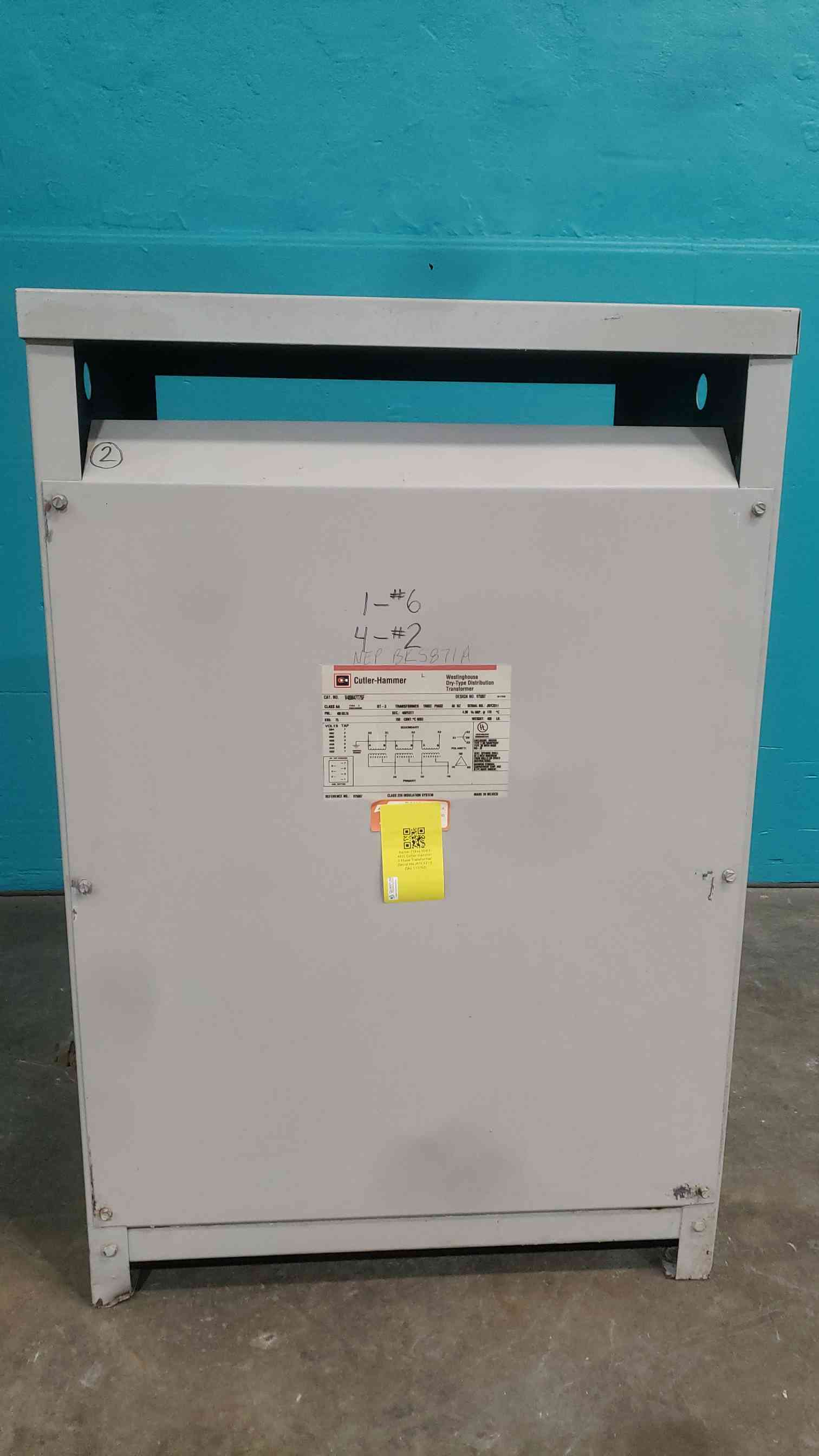 75 KVA 480 Primary, 480Y/277 Secondary, Cutler-Hammer V48M47T75F, DT-3 Dry Type, 3PH - Image 1