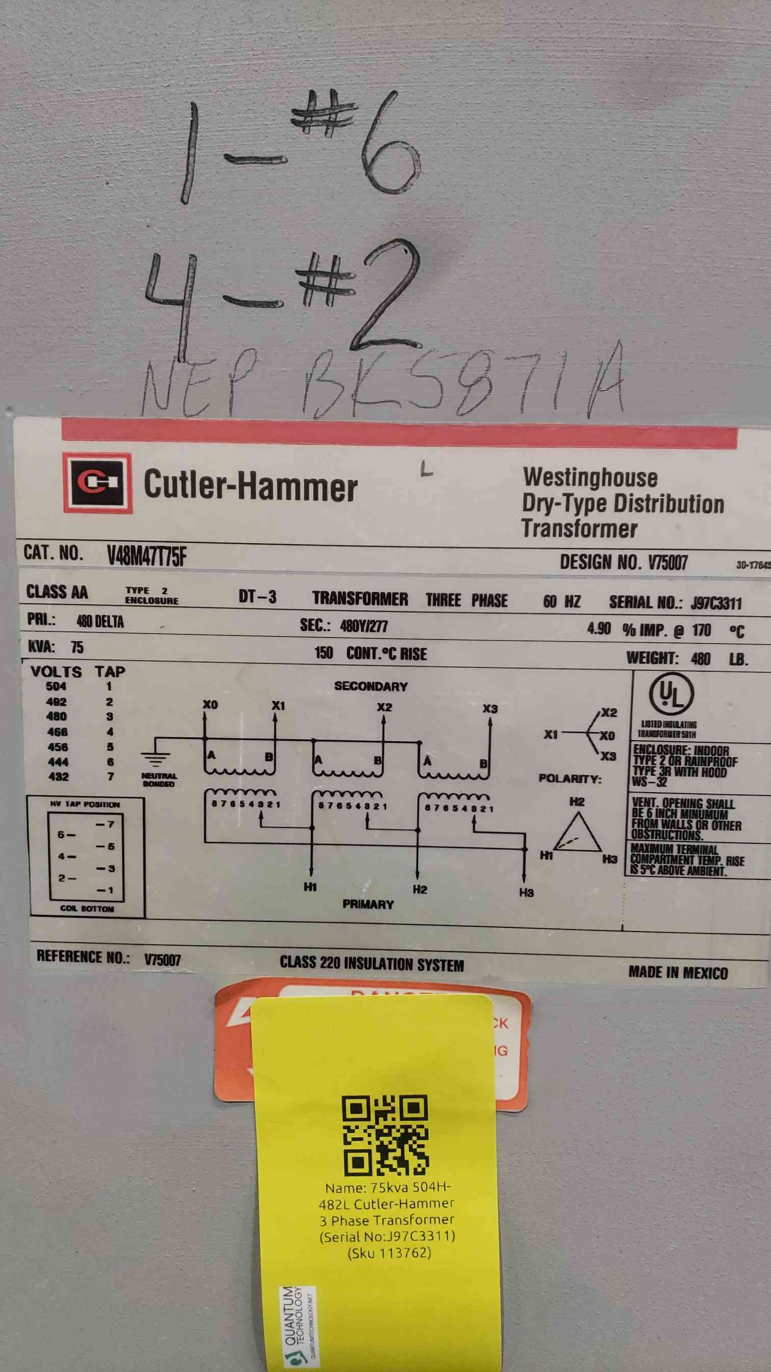 75 KVA 480 Primary, 480Y/277 Secondary, Cutler-Hammer V48M47T75F, DT-3 Dry Type, 3PH - Image 6