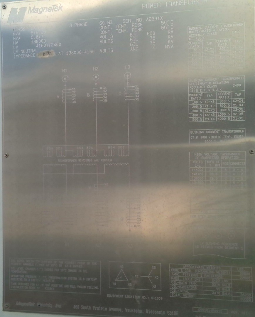 5000/7000 KVA 138000 Delta Primary, 4160Y/2400 Secondary, MagneTek - Image 1