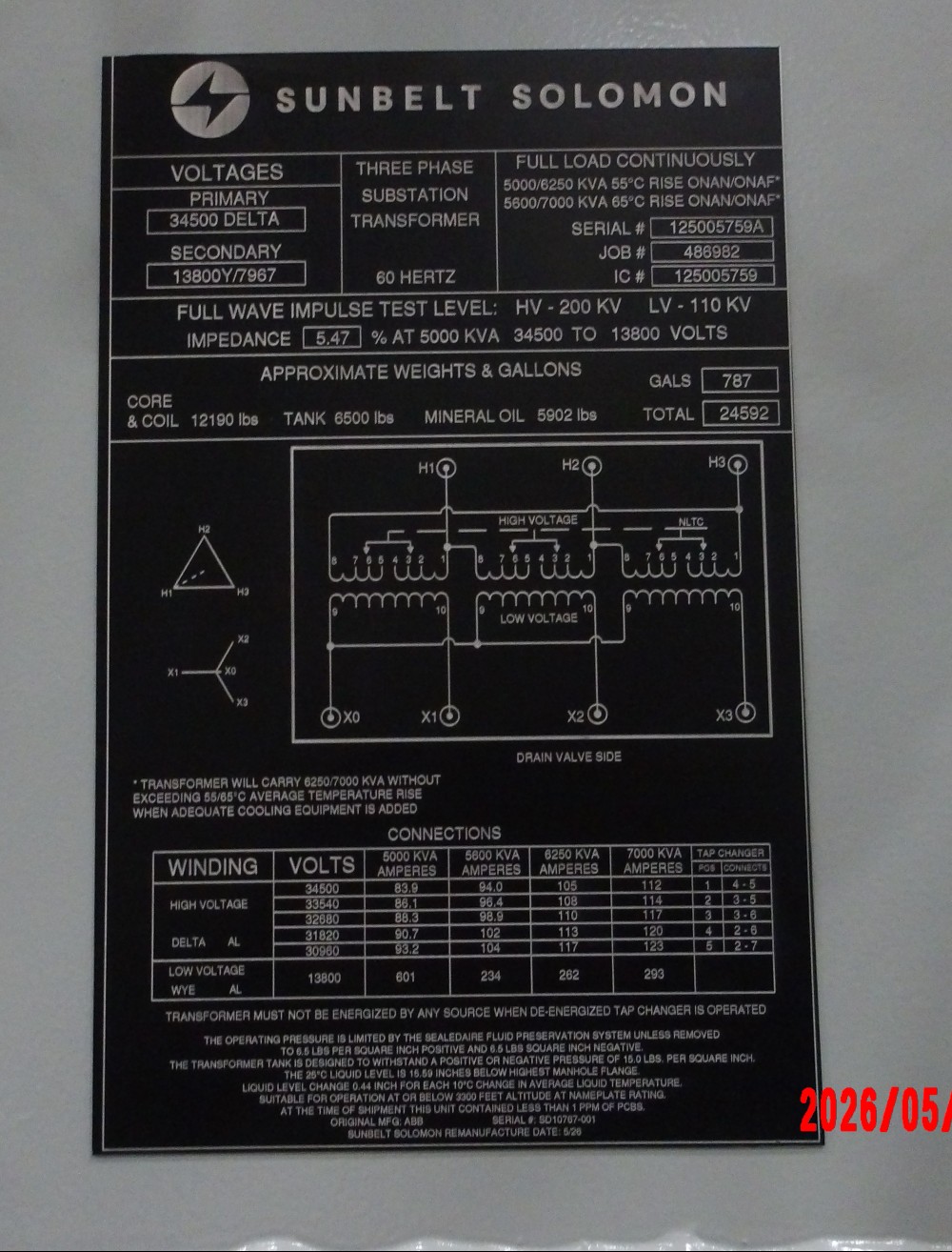 5000/5600 KVA 34500 Delta Primary, 13800Y/7967 Secondary, Sunbelt Solomon - Image 3