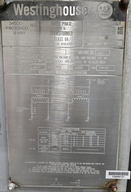 5000/5600 KVA 34500 Delta Primary, 4160Y/2400 Secondary, Westinghouse - Image 2