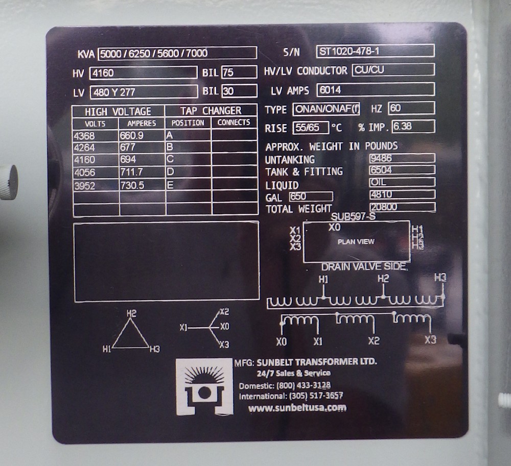 5000/7000 KVA 4160 Delta Primary, 480Y/277 Secondary, Sunbelt - Image 1