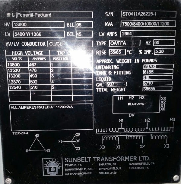 7500/11200 KVA 13800 Delta Primary, 2400Y/1386 Secondary, Sunbelt - Image 1