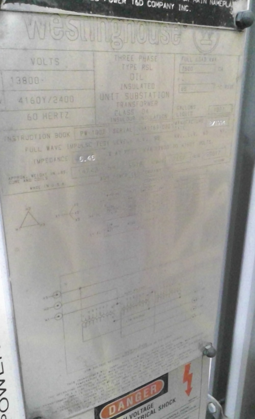 7500 KVA 13800 Delta Primary, 4160Y/2400 Secondary, Westinghouse - Image 1
