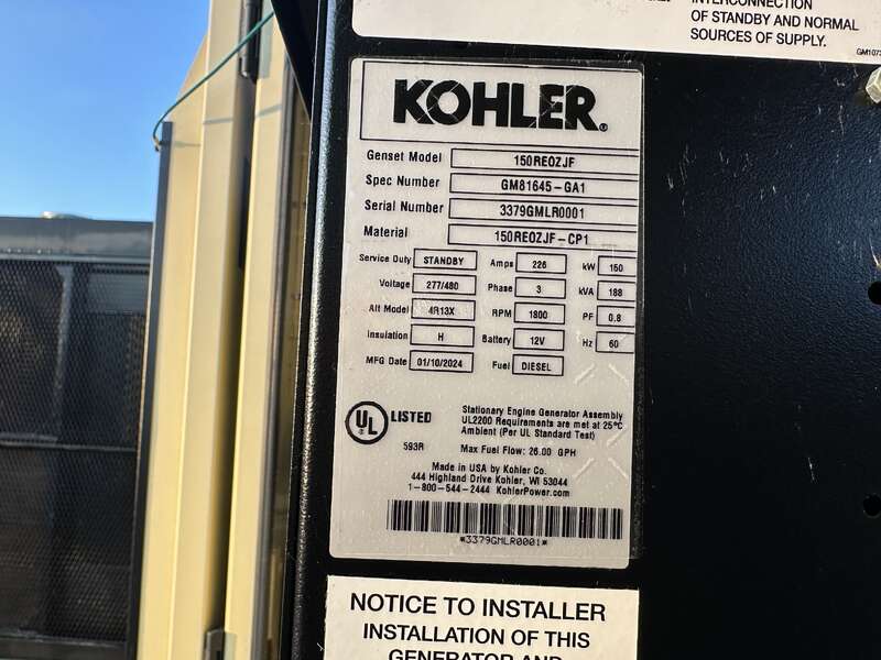 150 KW Kohler #150REOZJF, diesel generator set, 277/480 Volts, 237 HP @ 1800 RPM, John Deere 6068HF285K - Image 10