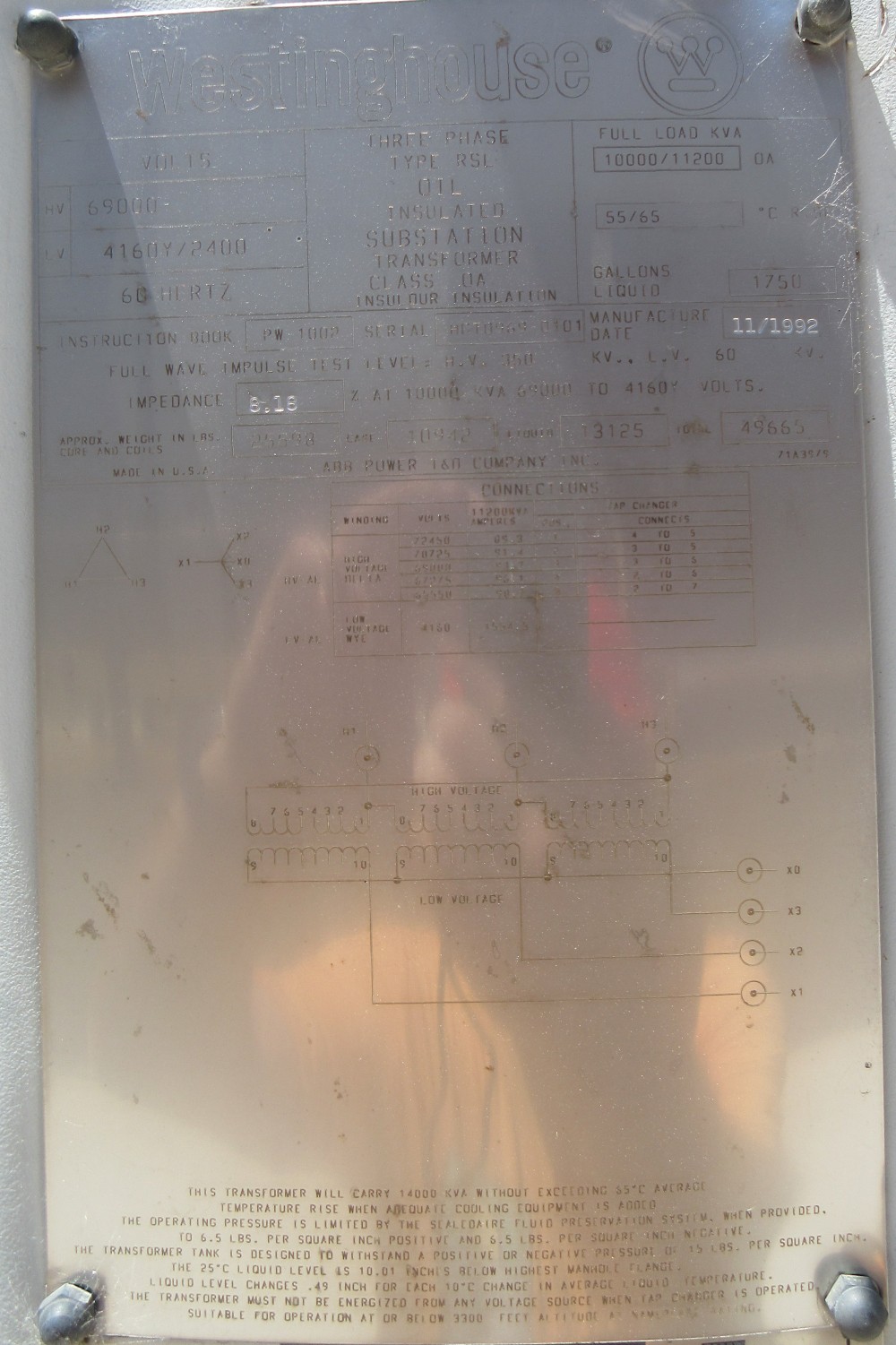 10000/11200 KVA 69000 Delta Primary, 4160Y/2400 Secondary, Westinghouse - Image 1