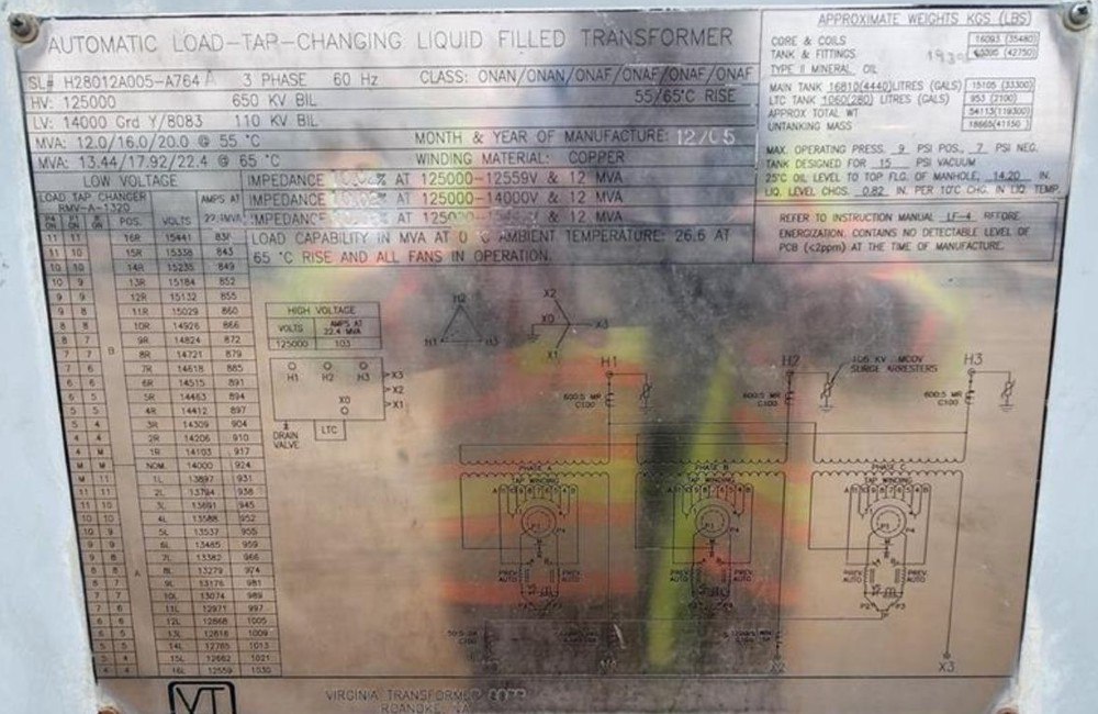 12000/22400 KVA 125000 Delta Primary, 14000GDRY/8083 Secondary, Virginia Transformer - Image 1