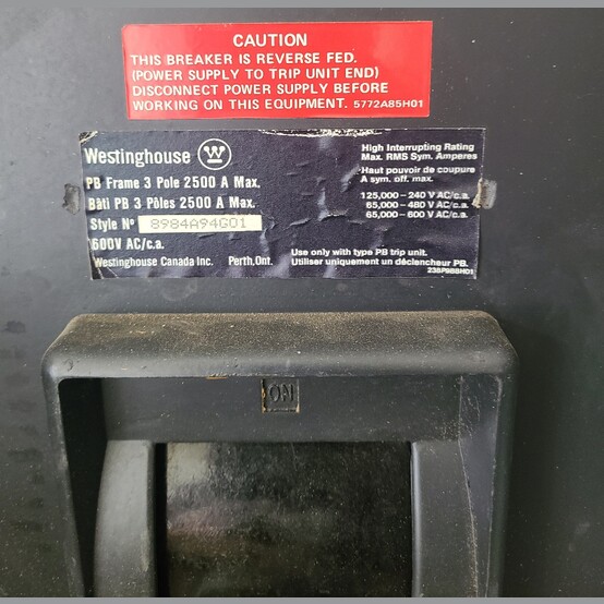 2500 Amps, Westinghouse, 8984A94G01, PB Frame Circuit Breaker, 600 Volt AC, 3-pole, 1600 amp adjustable trip - Image 2