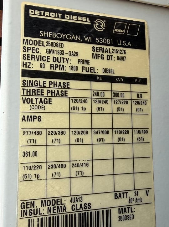 265 KW MTU / 60 Series Detroit Diesel Generator, 277/480 Volts - Image 8