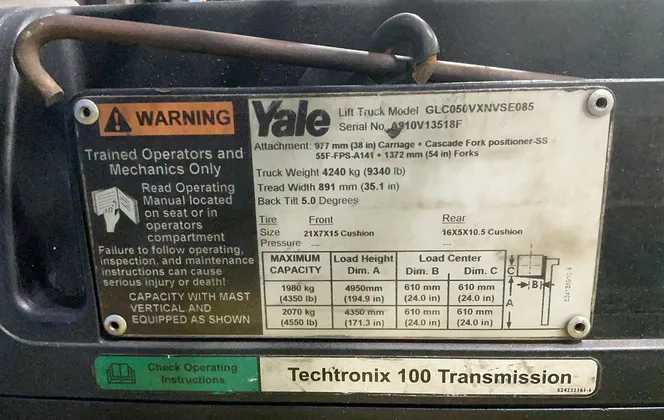 4550 lb. Yale #GLC050VXNVSE085, Propane Forklift, 48" x 4" Forks, 194.9" Lift Height, 24" Mast Height, 20,420 - Image 3