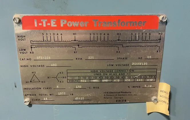225 KVA 480 Primary, 208Y/120 Secondary ITE Power #3F3Y225, Transformer, 3 phase, 60 Hz, Class AA - Image 2