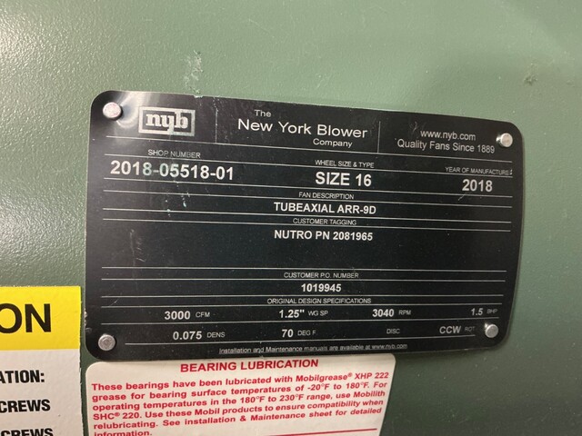 3000 cfm, New York Blower #ARR-9D, 16" tube axial fan, 2 HP, new - Image 8