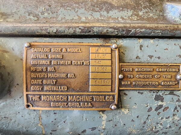 18" x 54" Monarch #16-CW, engine lathe, 1-1/2" bore, 12-1/2" chuck, tailstock, 1942 - Image 8