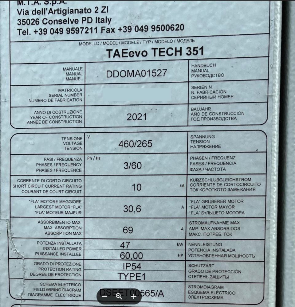 MTA #TAEevo-TECH-351, Chiller, 69 amps max. absorption, centrifugal pump, R-410A refrigerant, 460 Volts, 3PH - Image 2
