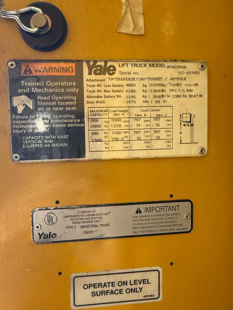 2,000 lb. Yale #NTA030SA, Electric Forklift, 220" load height, 2008 - Image 2