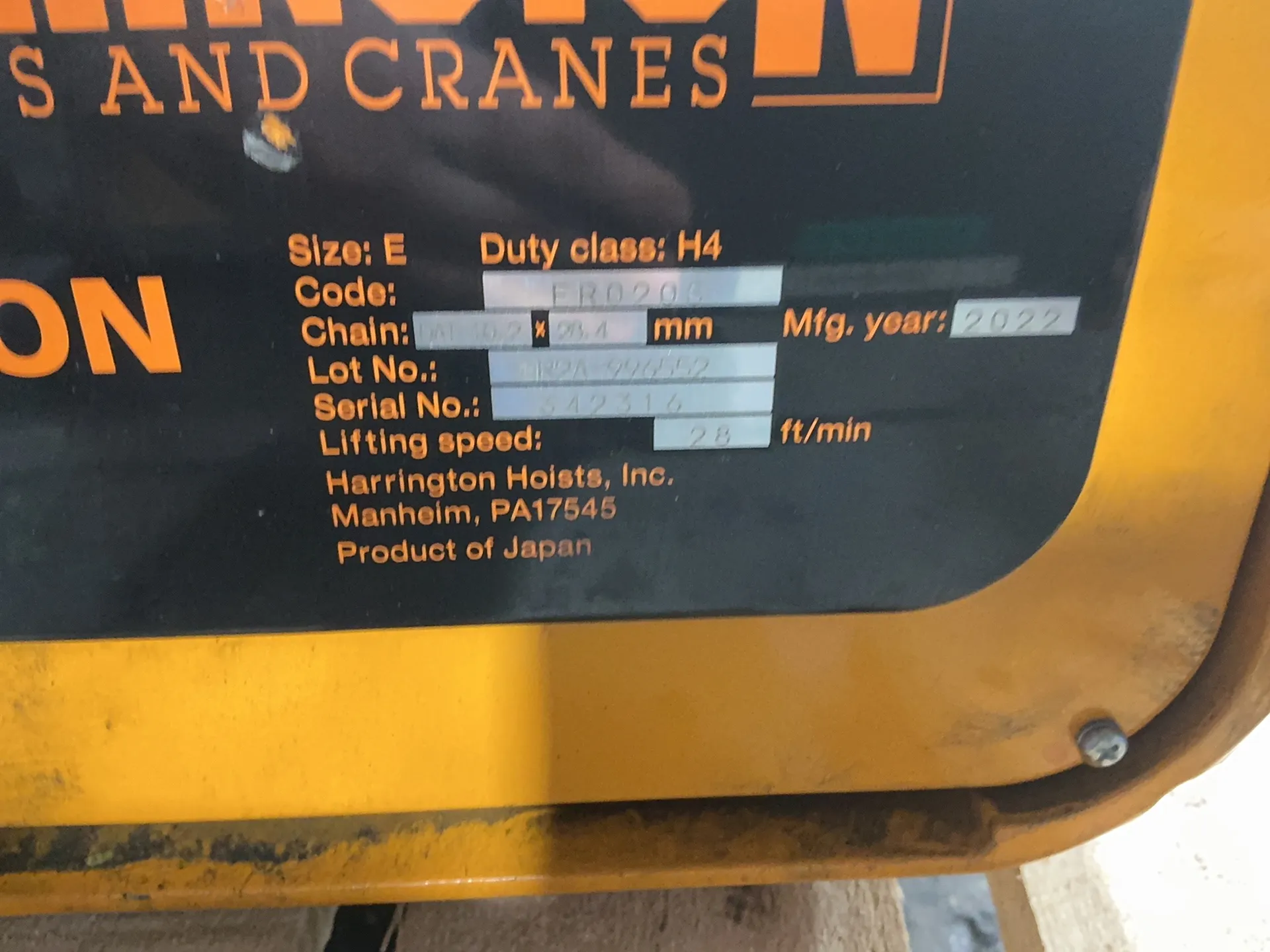 2 Ton, Harrington #ER020S, electric chain hoist, 2022 - Image 4
