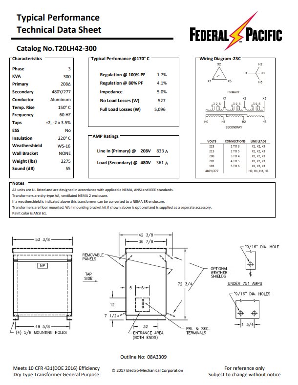 300 KVA 208 Delta Primary, 480Y/277 Secondary, Federal Pacific #T20LH42-300, Step Up Dry Type Transformer - Image 2