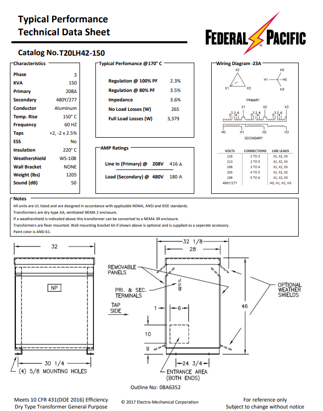 150 KVA 208 Delta Primary, 480Y/277 Secondary, Federal Pacific #T20LH42-150, Step Up Dry Type Transformer - Image 2