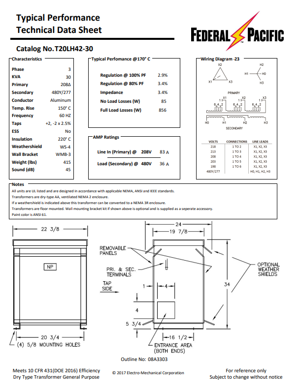 30 KVA 208 Delta Primary, 480Y/277 Secondary, Federal Pacific #T20LH42-30, Step Up Dry Type Transformer, Nema - Image 2