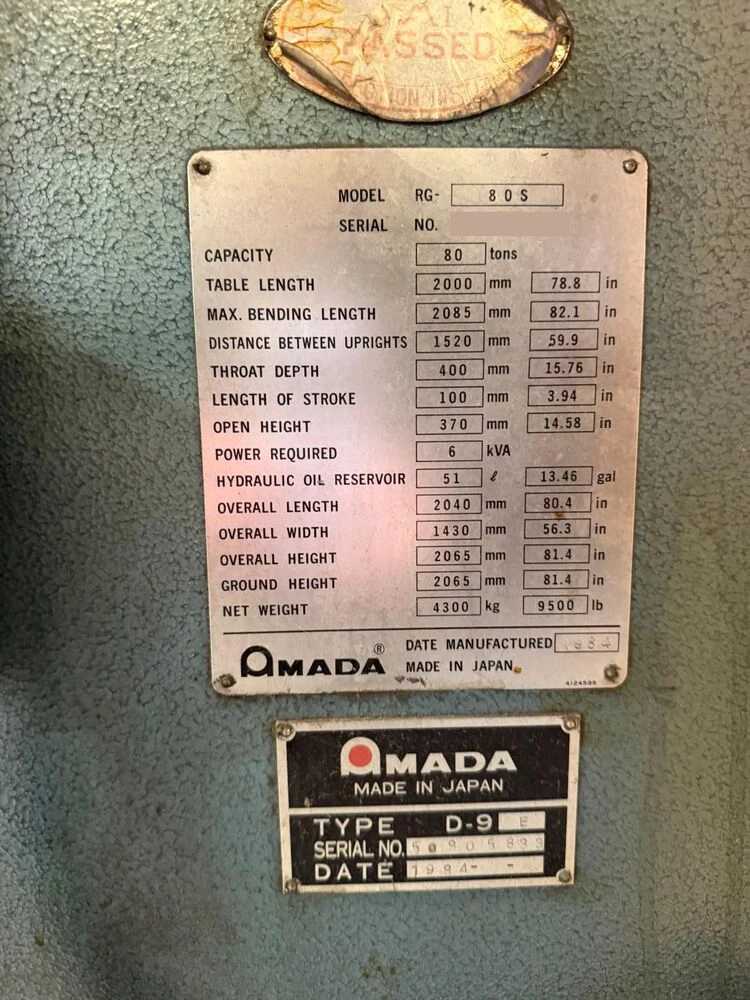 80 Ton, Amada #RG-80, CNC hydraulic press brake, 8' overall, 80.8" between housing, 3.94" stroke, 15.76" - Image 5
