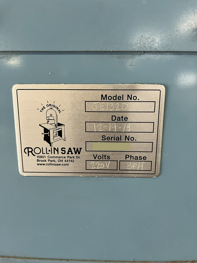 13" x 20" Roll-In Saw #JE1320, vertical band saw, 24" x 24-1/4" table, 45° right tilt, 20" throat, 2 HP, 2018 - Image 2