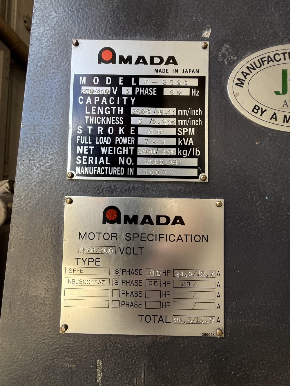 1/4" x 8' Amada #M-2560, mechanical power squaring shear, 7.5 HP, 60 SPM, programmable Back Gauge, squaring - Image 2