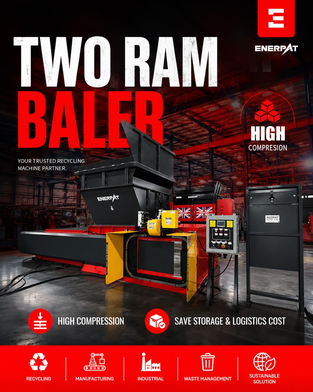 Enerpat, Automatic 2-Ram Aluminum Cans Baler, Heavy Duty 74 HP Recycling Baler, 62" x 46" x 30" Bale Size - Image 5