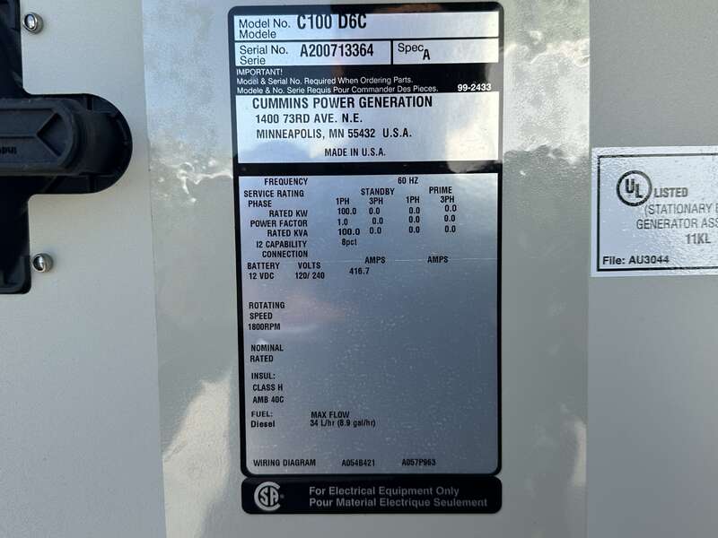 100 KW Cummins #C100D6C, diesel generator set, 120/240 Volts, 1-phase, 113 hours, 173 HP @ 1800 RPM, QSB5-G13 - Image 9