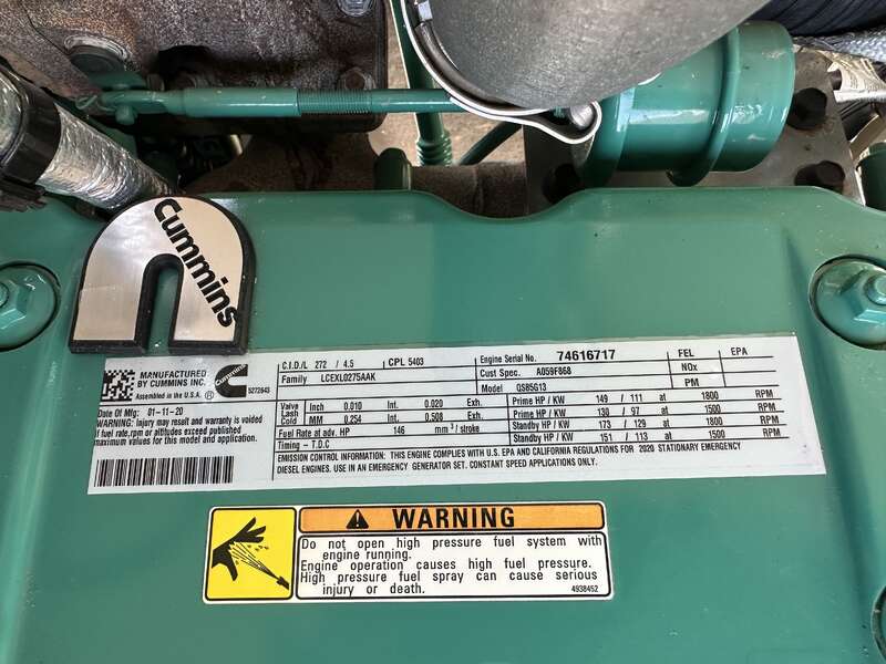 100 KW Cummins #C100D6C, diesel generator set, 120/240 Volts, 1-phase, 113 hours, 173 HP @ 1800 RPM, QSB5-G13 - Image 10
