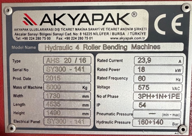 3/4" x 6' Akyapak #AHS-20/16, hydraulic 4-roll bendinf machine, 2015 - Image 10