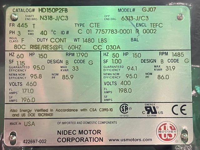 150 HP 1800 RPM U.S. Motors, Frame 445T, TEFC BB, 460 Volts, New Surplus - Image 3