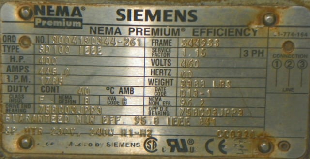 400 HP 1800 RPM Siemens, Frame S449SS, TEFC BB, 460 Volts - Image 3