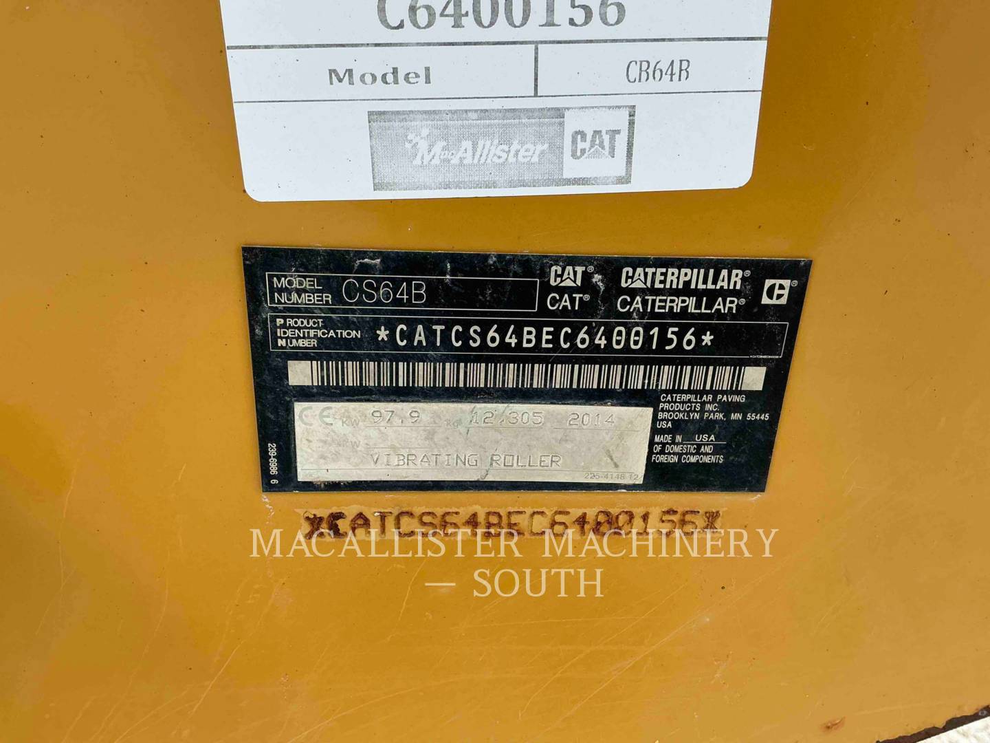 Caterpillar CS64B, Vibratory Single Drum Smooth, 2287 hours, S/N: C6400156, 2014 - Image 6