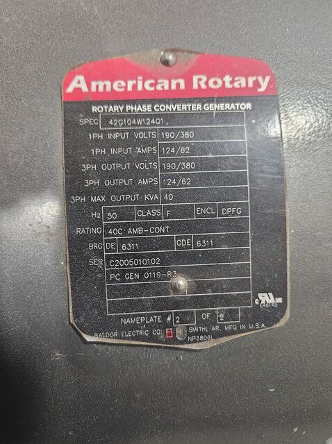 40 HP American Rotary #ADX-40, Rotary Phase Converter, 40 KVA, 1PH to 3PH, Baldor idler motor, CTR transient - Image 2