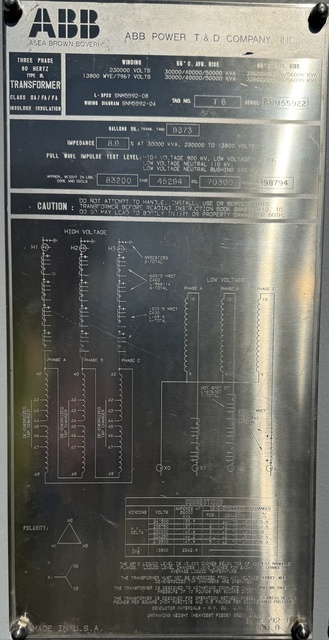 30000/33600/40000/44800/50000/56000 kVA, 230000 Delta Primary, 13800/7967 Wye Secondary, ABB Substation - Image 1