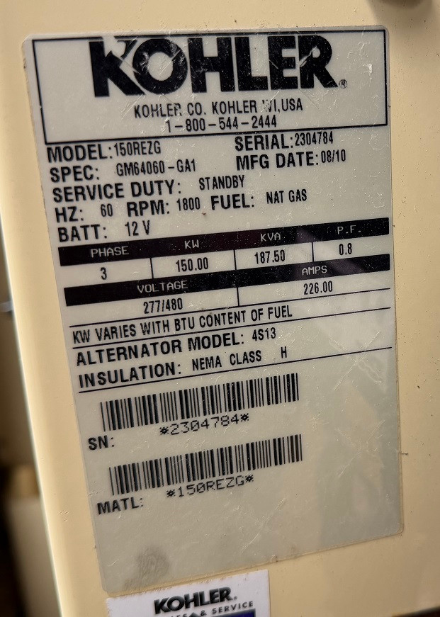 150 KW Kohler #150REZG, Natural Gas Generator, 277/480 Volts - Image 7