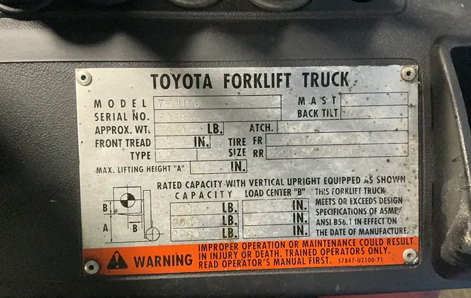 3300 lb. Toyota #7FGU15, Propane Forklift, 80" lift height, 30" mast, 4" x42" forks, solid tires, 15673.5 - Image 9