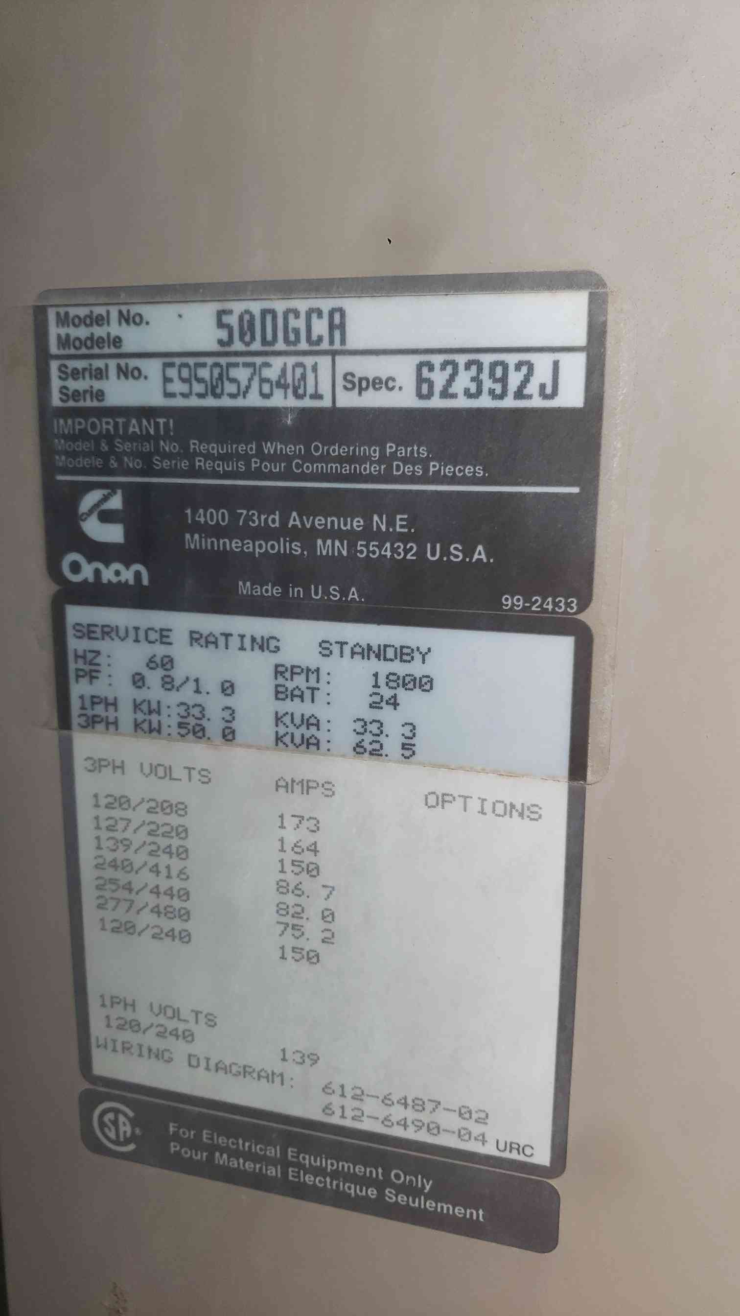 50 KW Cummins Onan #50DGCA, diesel generator set, 4BT 3.9L engine, enclosed, 150 gal. tank, 983 hours - Image 6